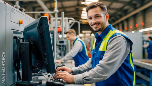 A factory worker wearing safety glasses and a blue vest smiles as he uses a computer in a modern manufacturing facility