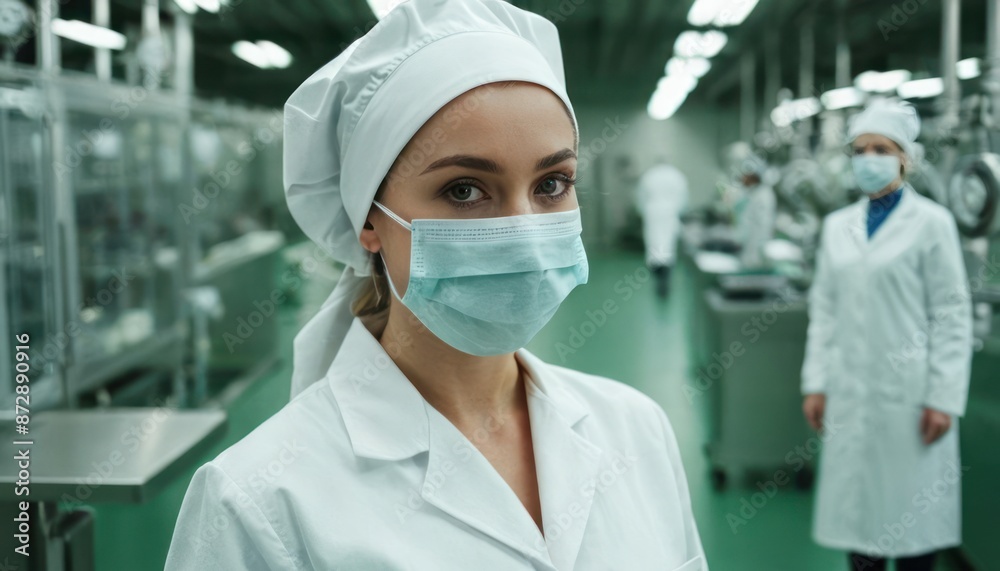 Woman in medical hat and mask in lab, research or pharma company. Concept of innovation, study and experiment at job for medicine development. Generative AI Woman in medical hat and mask in lab, research or pharma company. Concept of innovation, study and experiment at job for medicine development. Generative AI