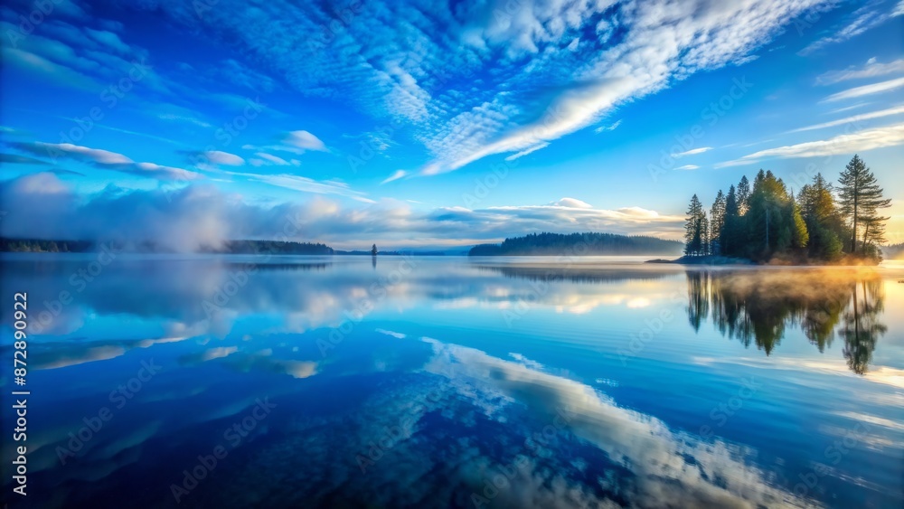 Serenity abounds in this breathtaking image of a tranquil blue fog-shrouded sky mirrored in a glassy calm sea or lake. Serenity abounds in this breathtaking image of a tranquil blue fog-shrouded sky mirrored in a glassy calm sea or lake.