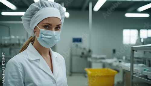 Woman in medical hat and mask in lab, research or pharma company. Concept of innovation, study and experiment at job for medicine development. Generative AI