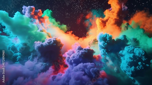 A surreal scene of neon green light refracting through billowing clouds of colorful smoke, creating an otherworldly spectacle against a black backdrop.