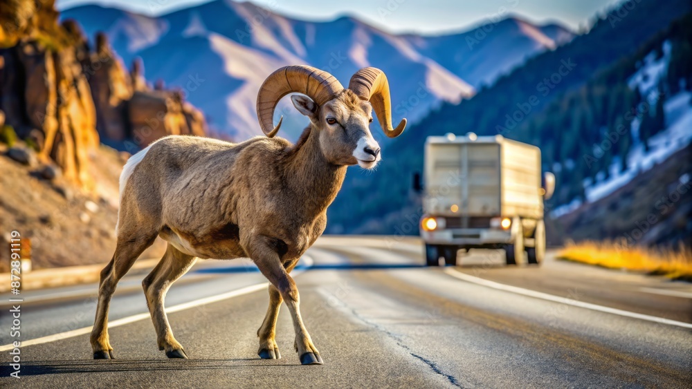Naklejka premium A majestic Bighorn sheep cautiously navigates a treacherous highway crossing, halting traffic, in a stunning display of wild elegance.