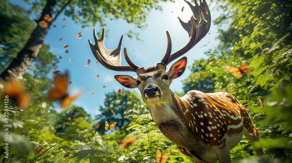 Fototapeta premium A spotted deer with large antlers looks up at the camera through a forest of green trees and fluttering butterflies