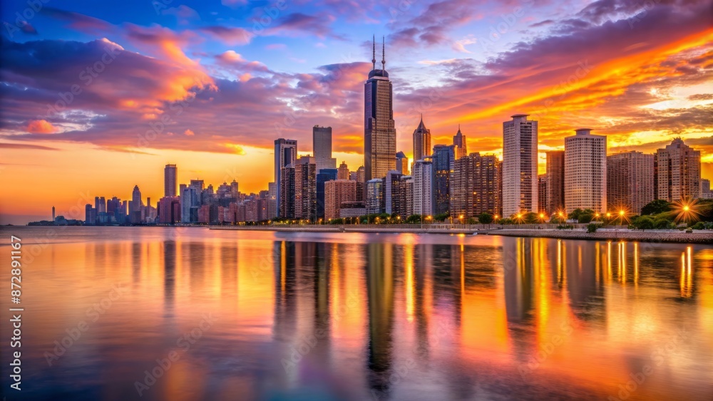 Fototapeta premium Golden hour illuminates majestic skyscrapers lining Lake Michigan's shoreline, reflecting vibrant hues of orange, pink, and purple in glassy waters.