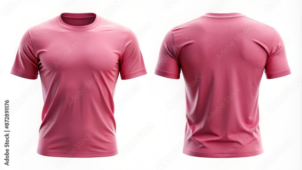 Pink front and back 3D rendered short sleeve T-shirt for men isolated on white background with subtle folds details. Pink front and back 3D rendered short sleeve T-shirt for men isolated on white background with subtle folds details.