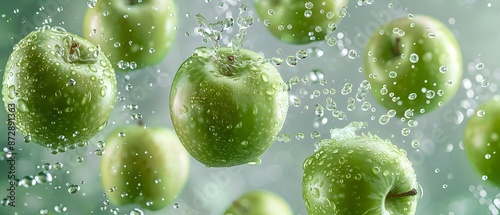 Floating Green Apples with Water Droplets	
