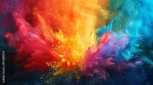 colored powder explosions everywhere in air, only colors, no people, canvas painting 