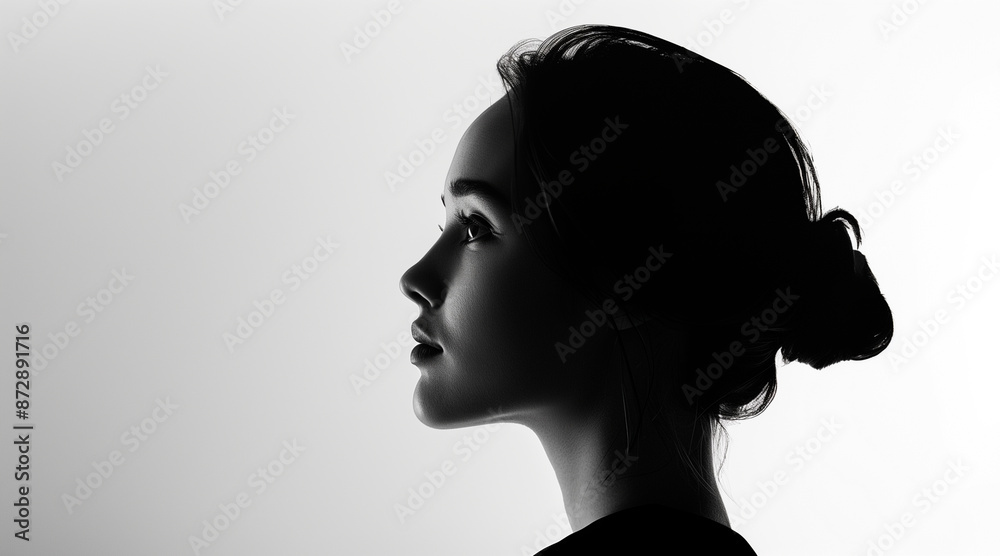 © Enrique - Black and white photo of side profile portrait of a woman, seamless white background, high contrast