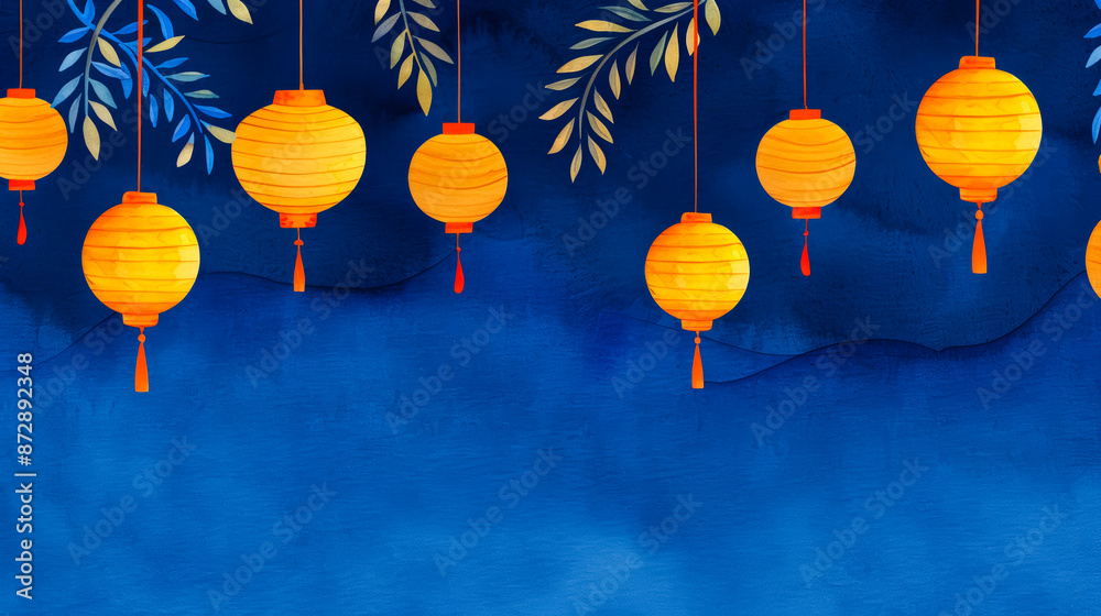 Obraz premium Ink watercolor illustration featuring serene golden lanterns and deep blue skies for Mid Autumn Festival banner design watercolour background 