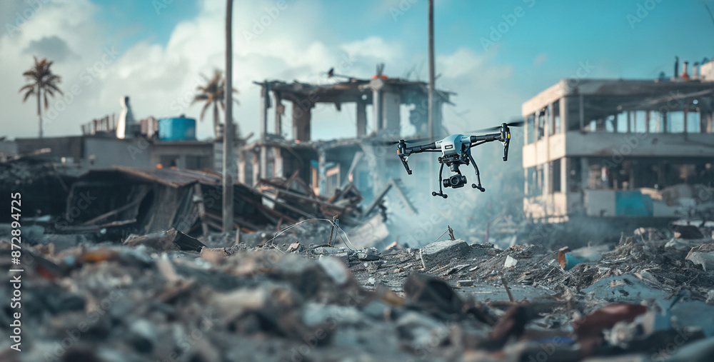 Fototapeta premium A response with powered drones surveying disaster-stricken areas, assessing damage, and identifying survivors