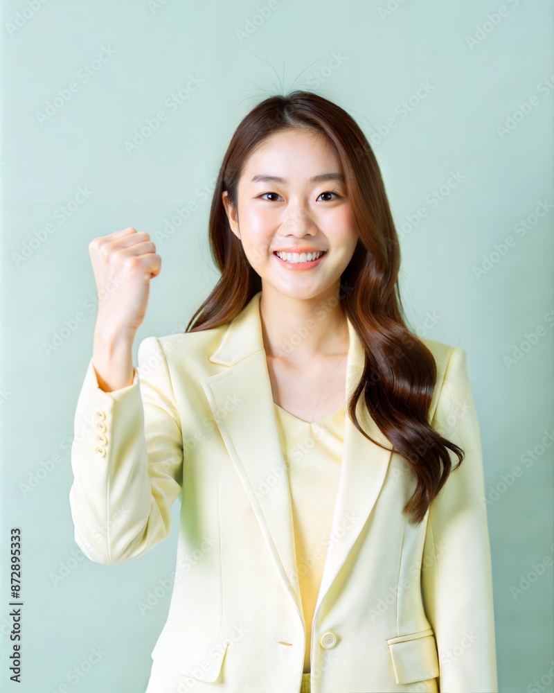 smile young beautiful woman in blazer fist up isolated on white background smile young beautiful woman in blazer fist up isolated on white background