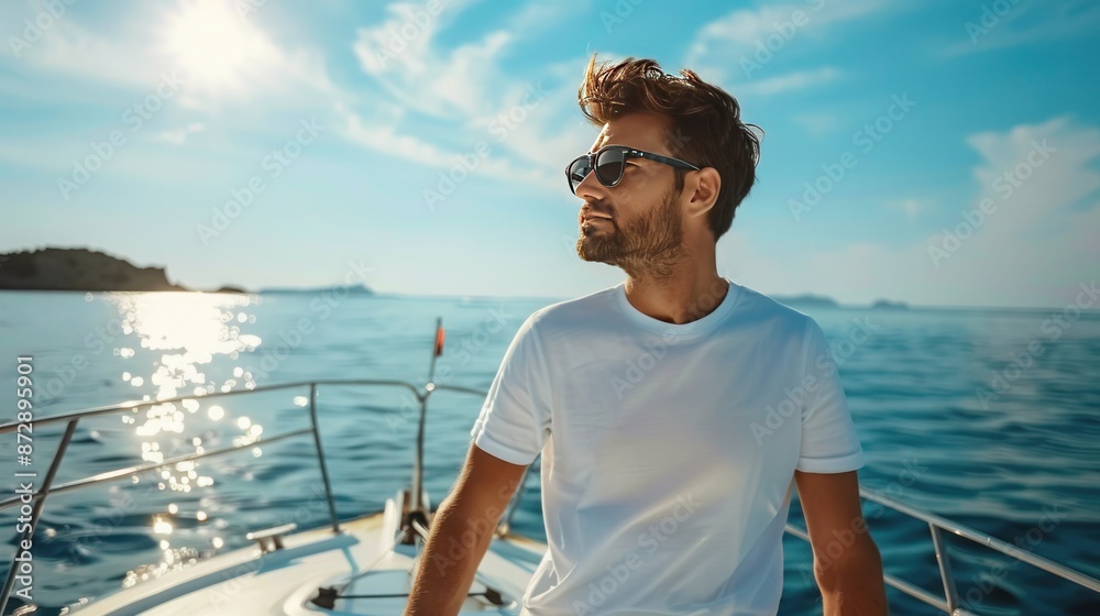Young man wearing sunglasses and white t-shirt in yacht boat Young man wearing sunglasses and white t-shirt in yacht boat
