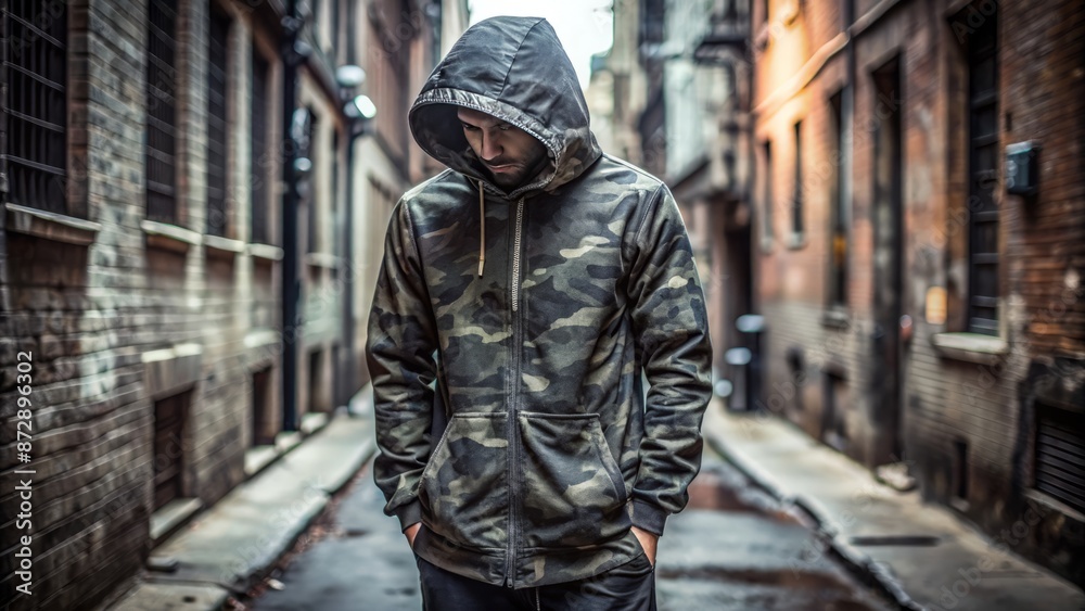Darkened urban alleyway backdrop features a crumpled, tactical black camouflage military hoodie with adjustable hood and rugged, textured fabric. Darkened urban alleyway backdrop features a crumpled, tactical black camouflage military hoodie with adjustable hood and rugged, textured fabric.