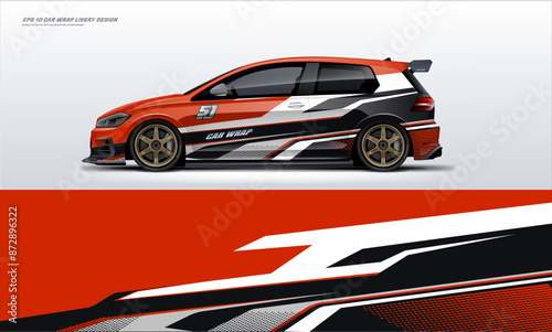 Racing Car branding with racing wrap decal or livery design. Abstract racing graphics red with backround. Editable vector template