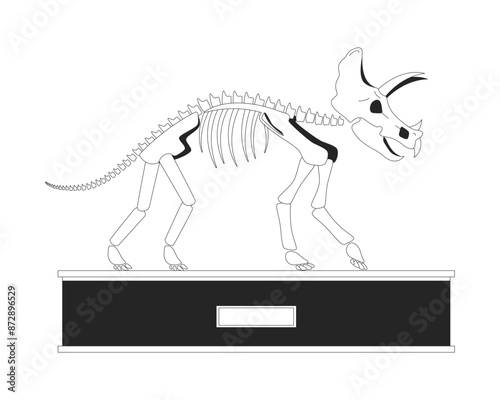 Triceratops exhibit black and white 2D line cartoon object. Dinosaur skeleton on display isolated vector outline item. Fossil exhibition. Paleontology museum monochromatic flat spot illustration