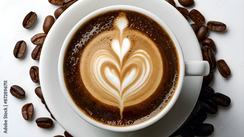 Coffee Cup and Beans Close-Up. A coffee cup with coffee beans around it Coffee Cup and Beans Close-Up. A coffee cup with coffee beans around it