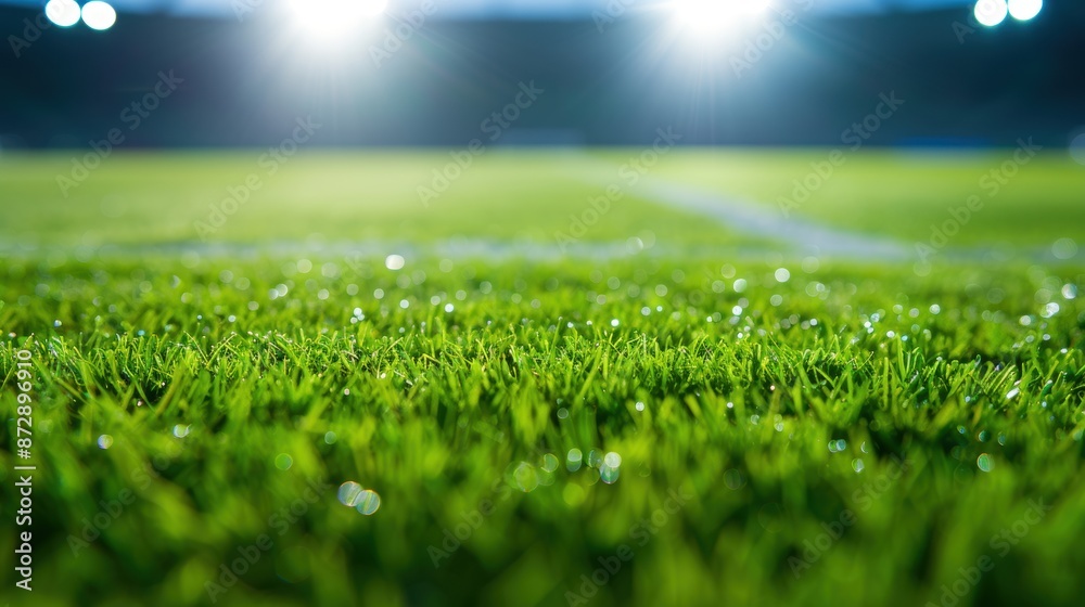 Close-up of a well-lit football field with lush green grass under bright stadium lights, perfect for sporting event promotions. Close-up of a well-lit football field with lush green grass under bright stadium lights, perfect for sporting event promotions.