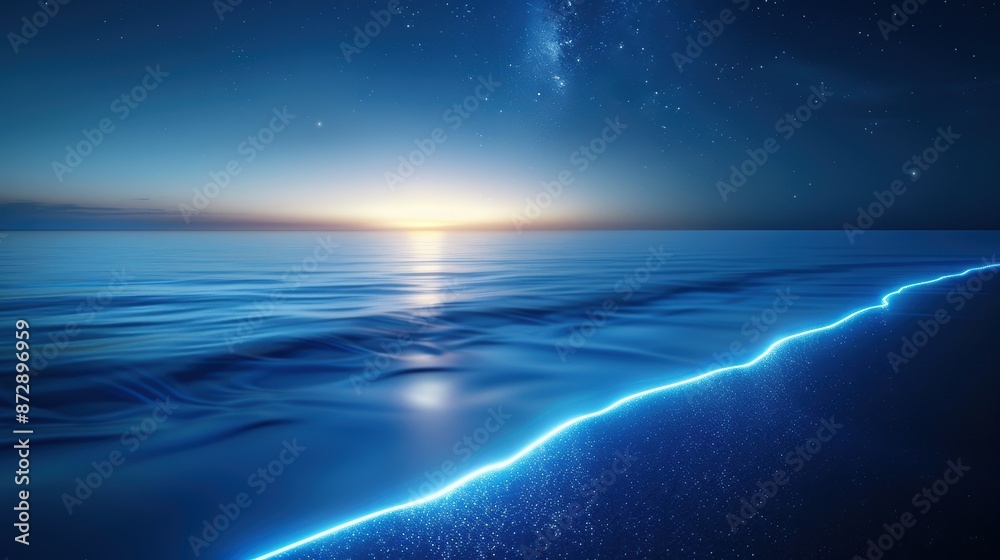 Beautiful serene beach illuminated by bioluminescent waves under a starlit sky during sunset, showcasing nature's breathtaking beauty. Beautiful serene beach illuminated by bioluminescent waves under a starlit sky during sunset, showcasing nature's breathtaking beauty.
