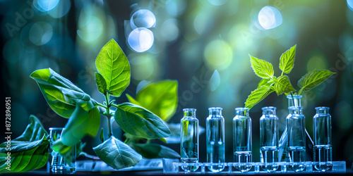 Biotechnology concept with green plant leaves laboratory glassware and conducting research photo