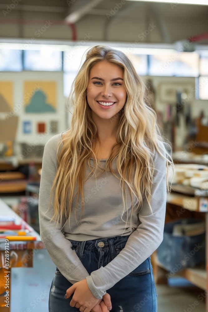 A young woman in a workshop smiling. A young woman in a workshop smiling.