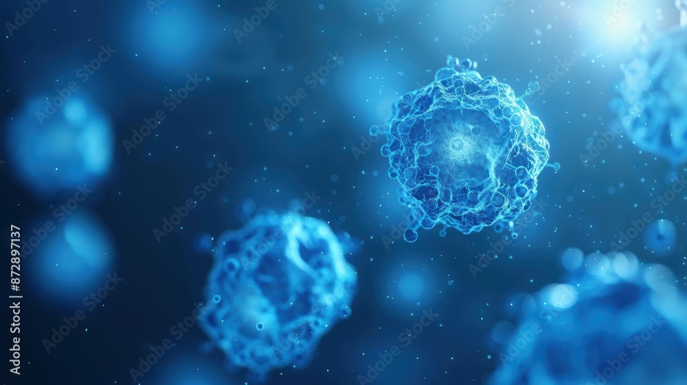 Microscopic view of blue cells in a scientific background with a bokeh effect, representing microbiology and cellular research. Microscopic view of blue cells in a scientific background with a bokeh effect, representing microbiology and cellular research.