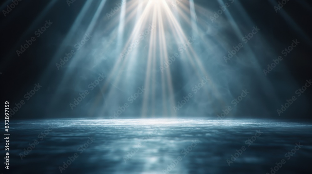 Mystical light rays shining down on a dark, misty surface, creating a serene and ethereal atmosphere. Mystical light rays shining down on a dark, misty surface, creating a serene and ethereal atmosphere.