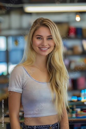 A young woman in a white top and shorts standing in crowded room. © VISUAL BACKGROUND