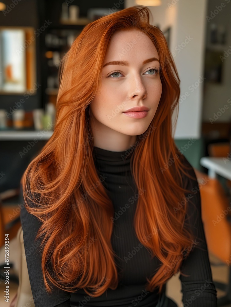 A woman with long red hair sitting in a salon. A woman with long red hair sitting in a salon.