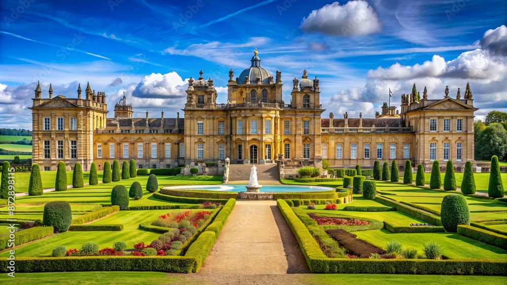 Obraz premium Majestic symmetrical facade of iconic British monarch's official residence shines brightly under vibrant blue sky with lush green surroundings.