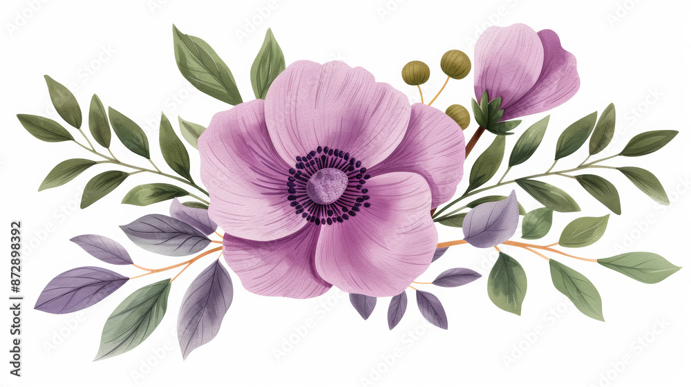 Watercolor illustration of a deep magenta anemone accented by shadowy olive green leaves representing funeral reverence watercolour background 
