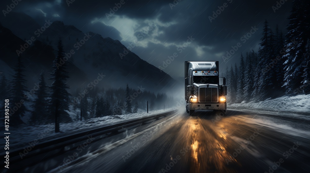 Driver s perspective of an approaching truck on a winter road, capturing the urgency and motion Driver s perspective of an approaching truck on a winter road, capturing the urgency and motion