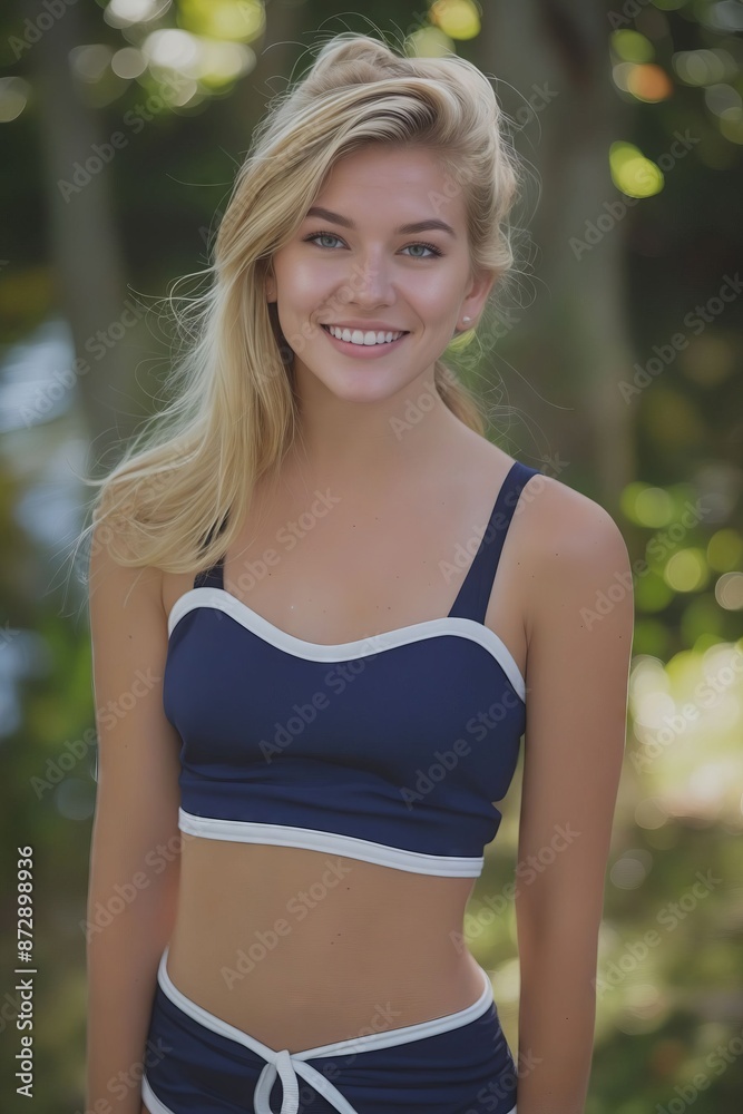 Fototapeta premium A beautiful blonde woman in a blue bikini top.