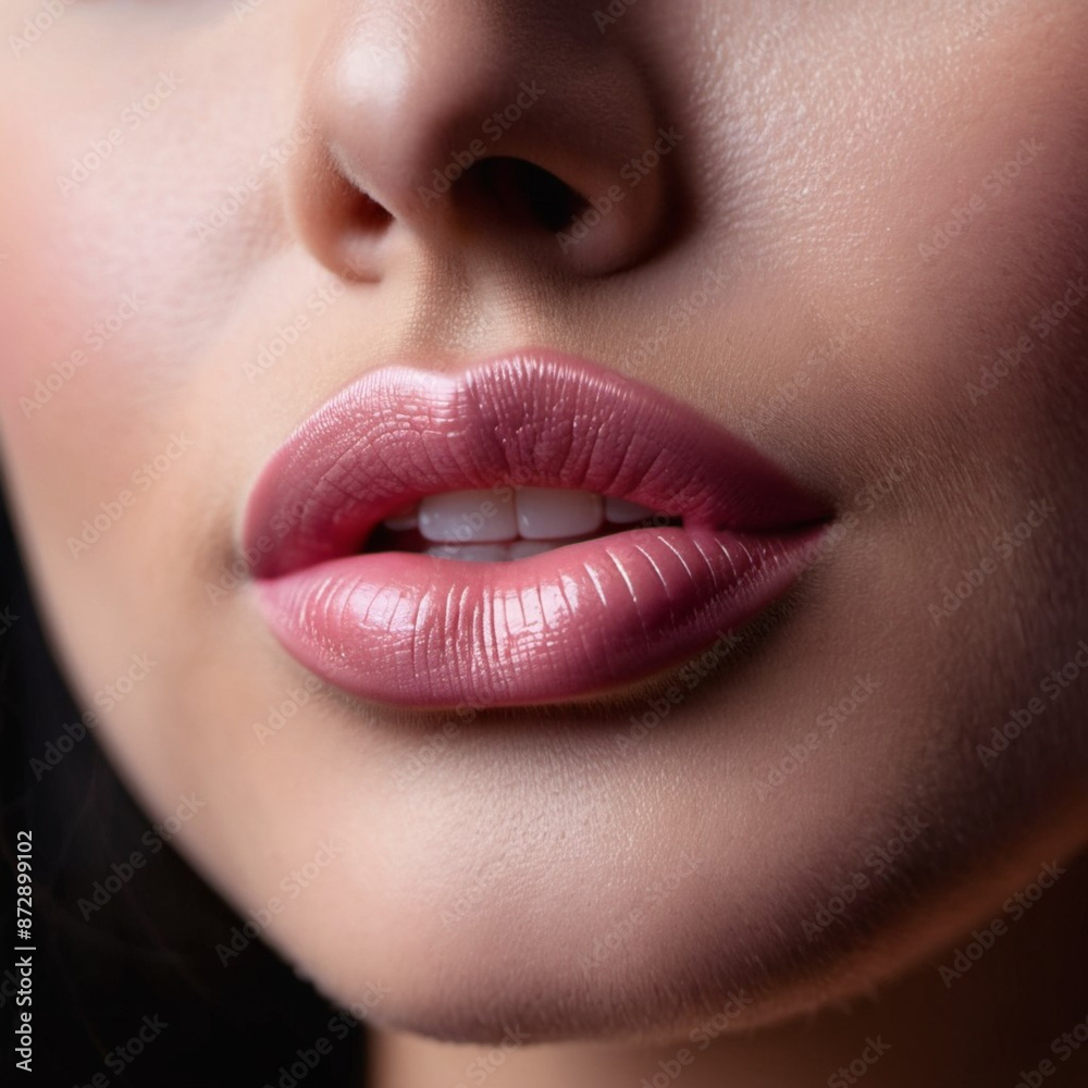 Fototapeta premium A close-up of a woman's lips, featuring shimmering pink lipstick that adds a touch of sparkle. The lips are slightly parted, revealing a glimpse of white teeth. Sensuality and sexuality. AI generated