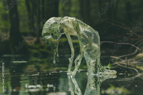 Aquatic scary translucent alien creature in water on lake in forest