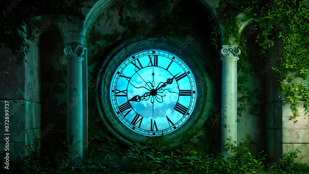 Fototapeta premium Old clock face with sky clouds and Roman numerals on a crumbling stone wall with green vines.