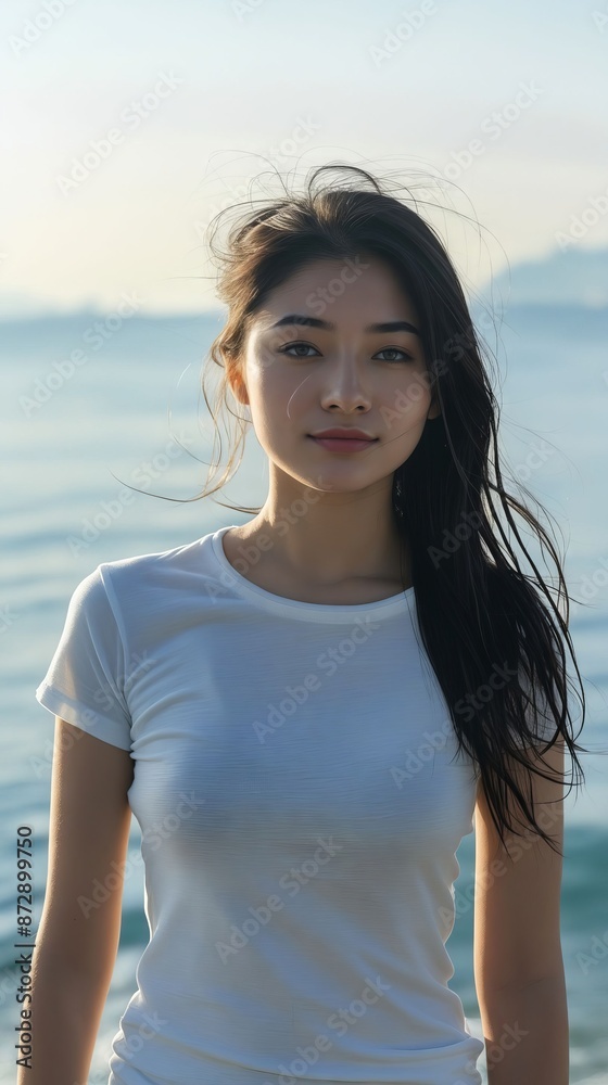 A young woman in white shirt standing near the ocean. A young woman in white shirt standing near the ocean.