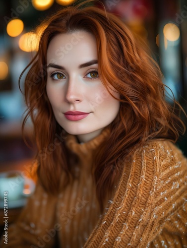 A woman with red hair in a brown sweater. © VISUAL BACKGROUND