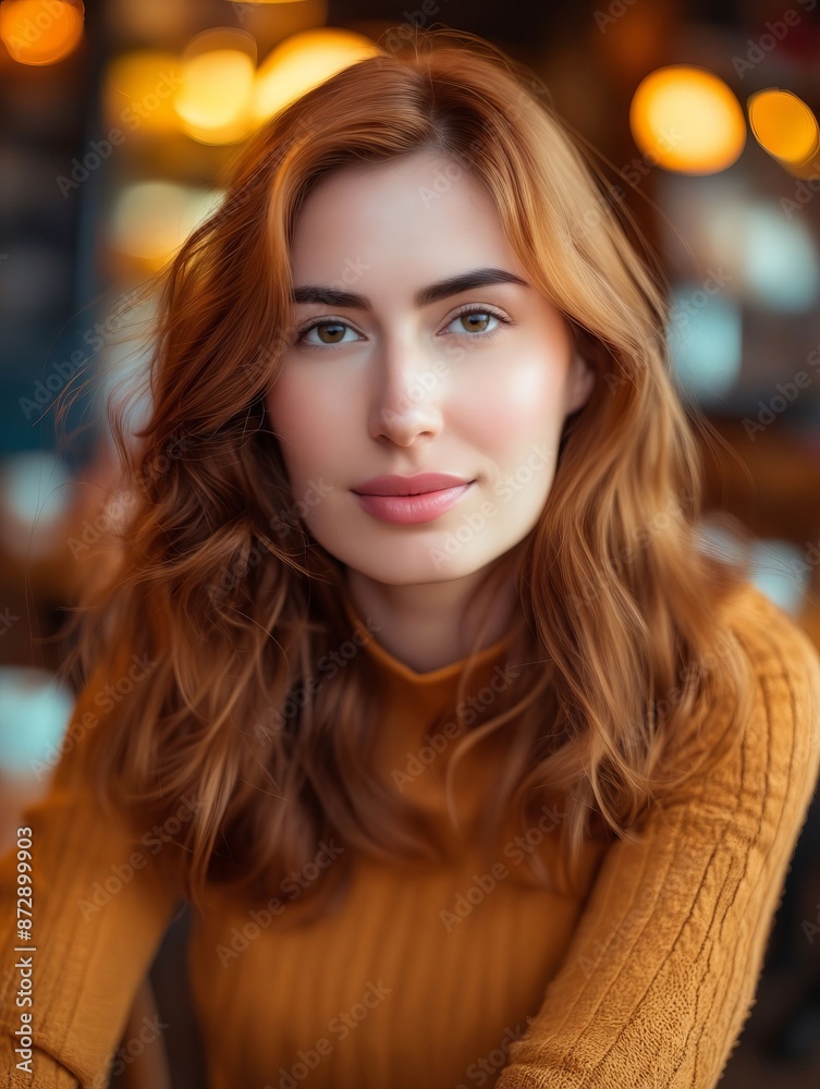 A beautiful woman with red hair sitting in a cafe.