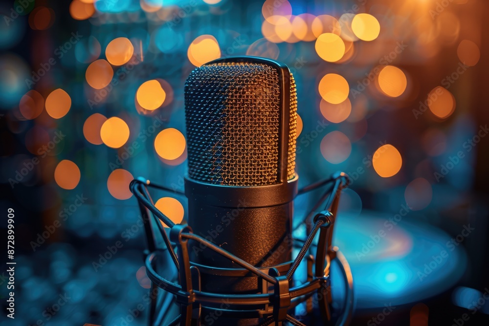 A microphone stands on the stand, blurred background of orange lights, bokeh effect, blurred lights in dark blue and gray tones, high resolution photography, stock photo, bohemian style, hyper realist A microphone stands on the stand, blurred background of orange lights, bokeh effect, blurred lights in dark blue and gray tones, high resolution photography, stock photo, bohemian style, hyper realist
