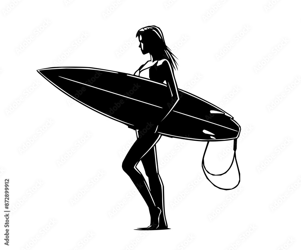 Silhouette surfer girl with surfboard vector illustration