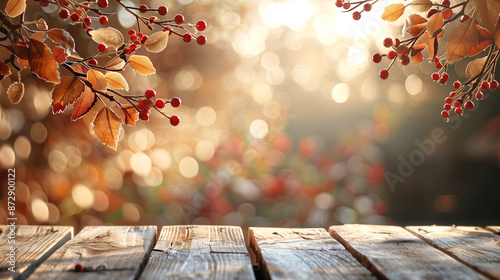 Wooden table and leaves for product presentation with background with autumn blurred background with bokeh