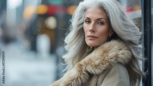 A woman with gray hair leaning against a window. © VISUAL BACKGROUND