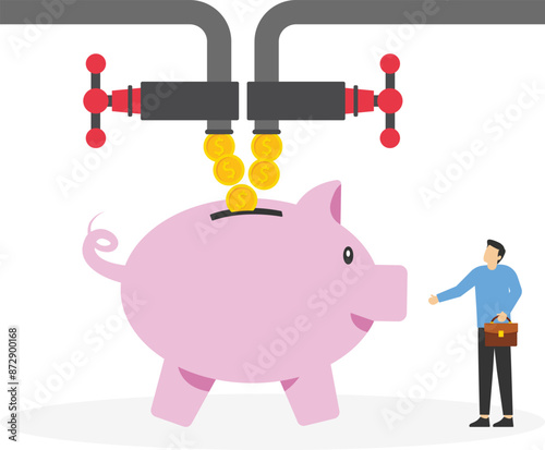 Multiple streams of income, passive income or revenue from invest in multi assets, side hustles to make money concept, rich businessman standing with multi cash flow from pipe into wealthy piggy bank.