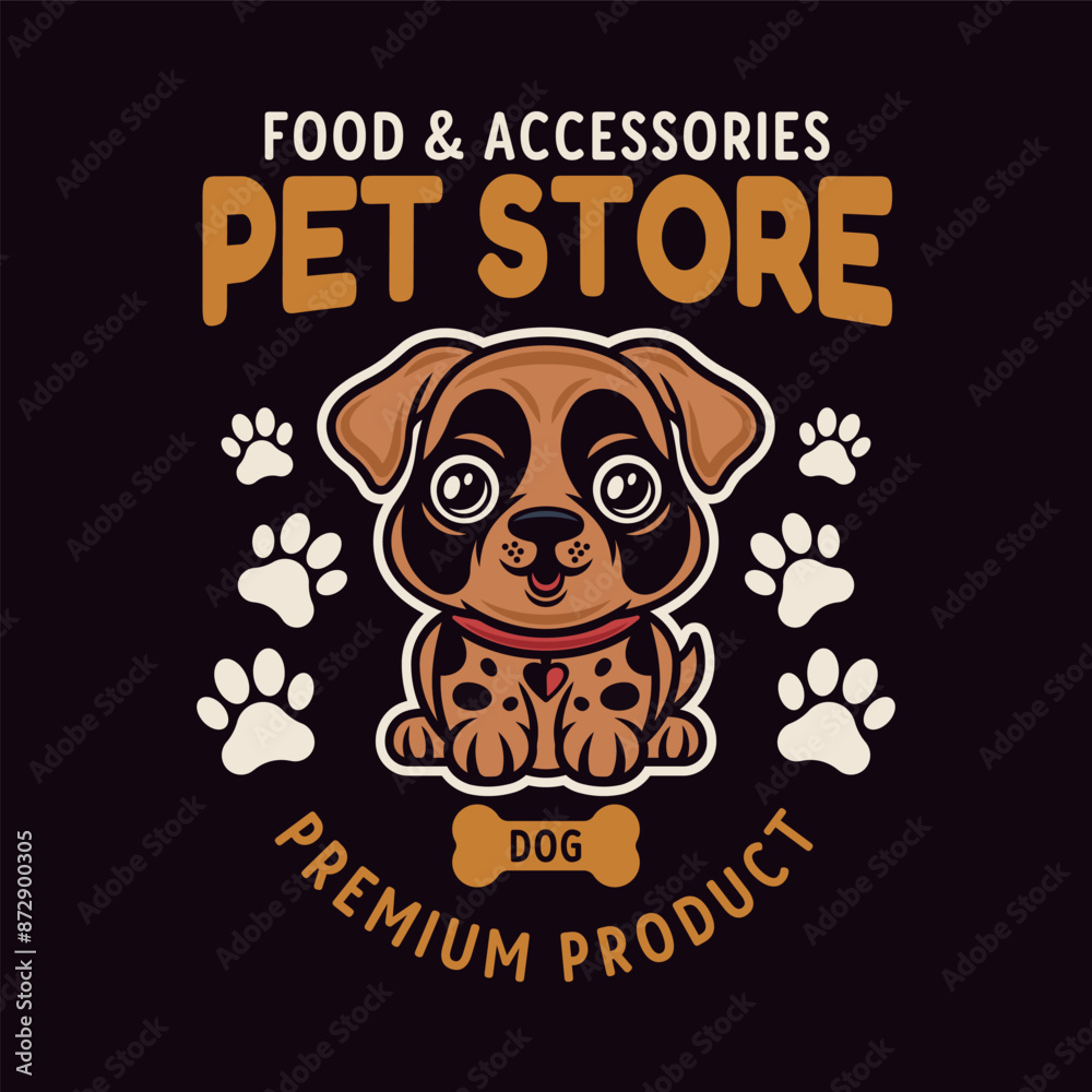 Pet store vector emblem concept with cute cartoon dog character illustration in colored style on dark background Pet store vector emblem concept with cute cartoon dog character illustration in colored style on dark background