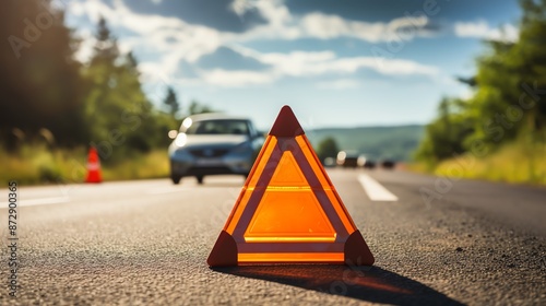 Emergency triangle on a clear road, with a vehicle in the distance and a bright, sunny day