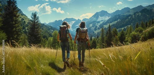Two Hikers Walk Through Grassy Path in Mountain Landscape