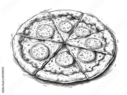 Ink sketch of pizza with crispy crust and juicy tomato slices