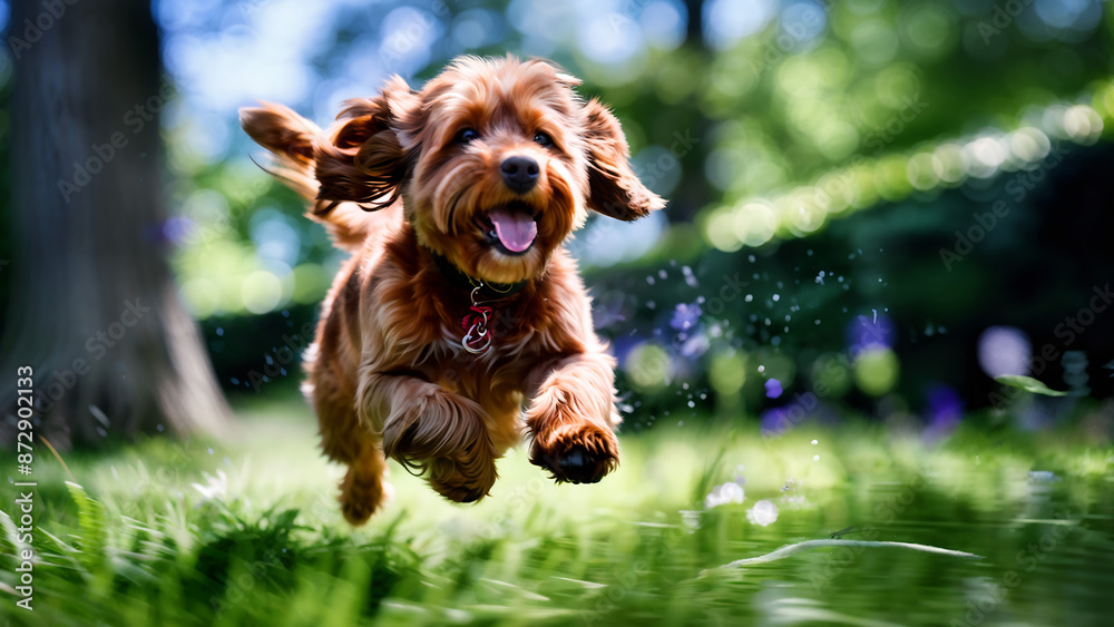 Obraz premium red spoodle captured in mid leap head tilted back in playful delight fur mid flight 