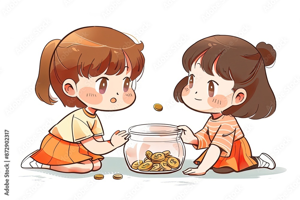 Two children cartoon characters kneel together, wearing light-colored clothing, as they happily deposit money into a jar with cute cartoon expressions, against a clean white background. Two children cartoon characters kneel together, wearing light-colored clothing, as they happily deposit money into a jar with cute cartoon expressions, against a clean white background.