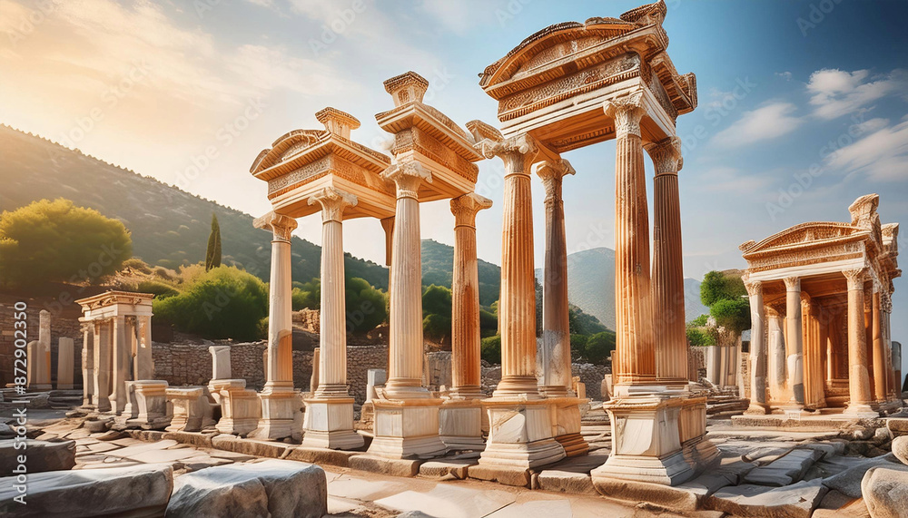 Fototapeta premium a row of ancient Greek-style columns with a sunset in the background. The columns are made of stone and are brown in color.